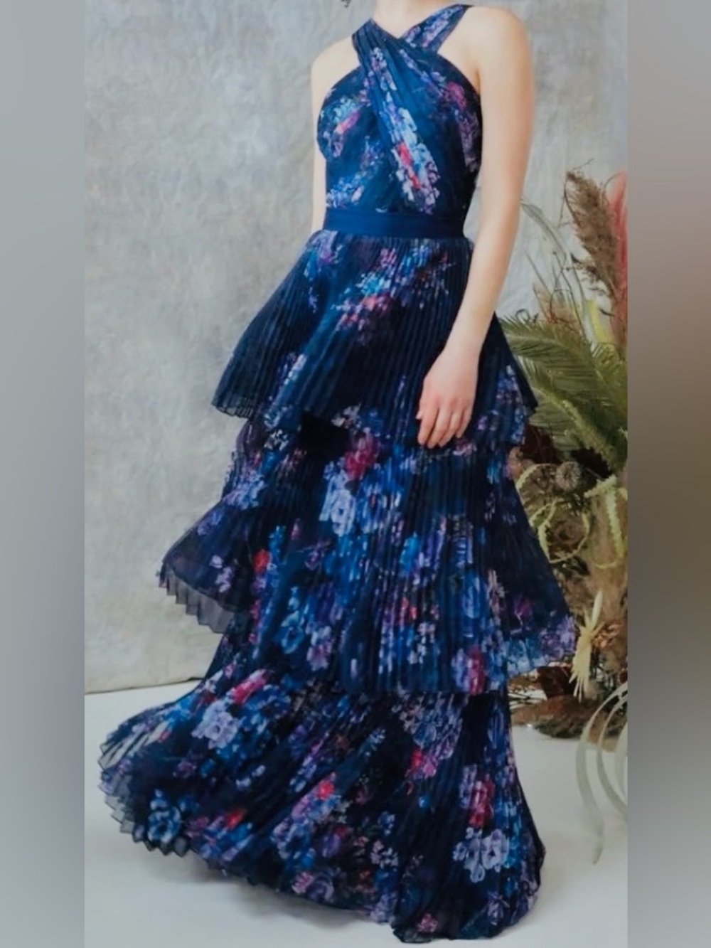 Marchesa Notte Floral Halter Pleated Gown